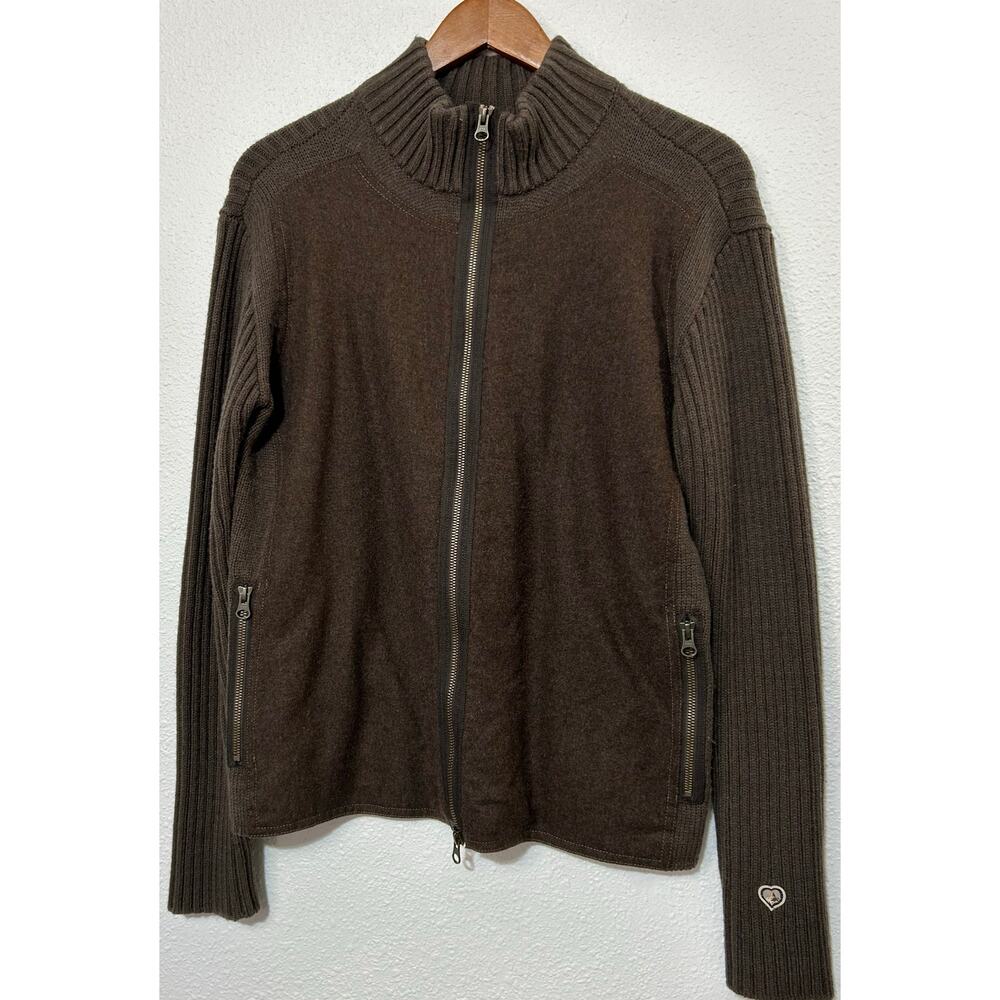 Kuhl Brown Olive Green Merino Wool Patch Ribbed Full Zip Cardigan Sweater Size M